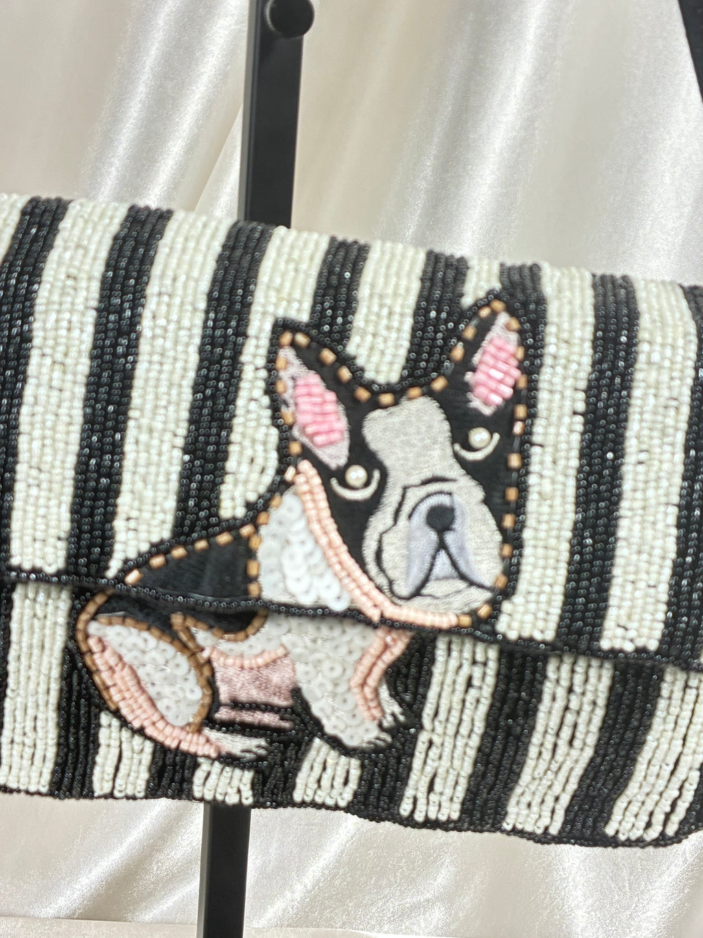 Handmade Beaded French Bulldog Shoulder Bag | Black &amp; Ivory Striped Dog Purse | Frenchie Statement Handbag