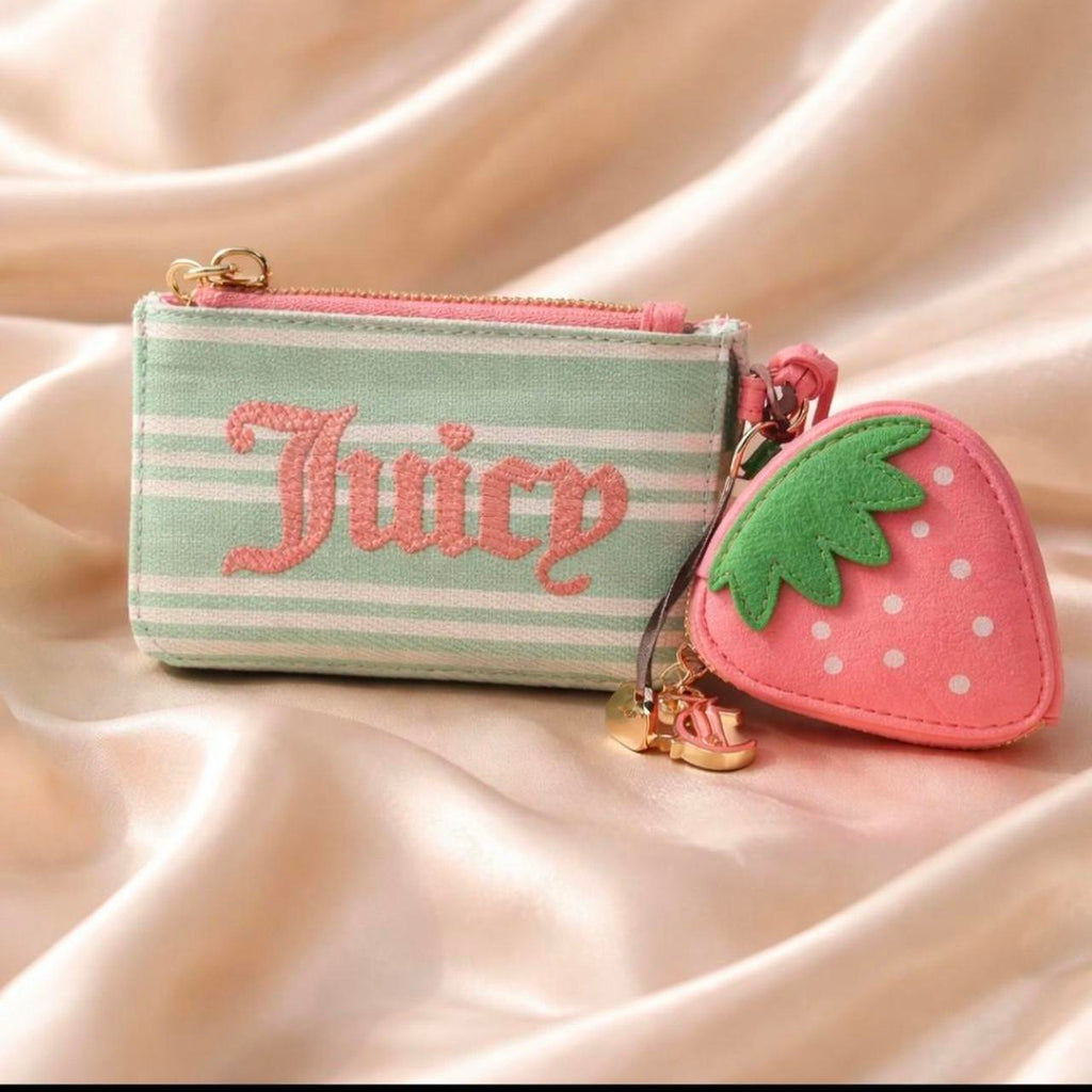 Juicy Couture Strawberry Charm Card Holder Wallet | Y2K Pastel Pink & Mint Coin Purse