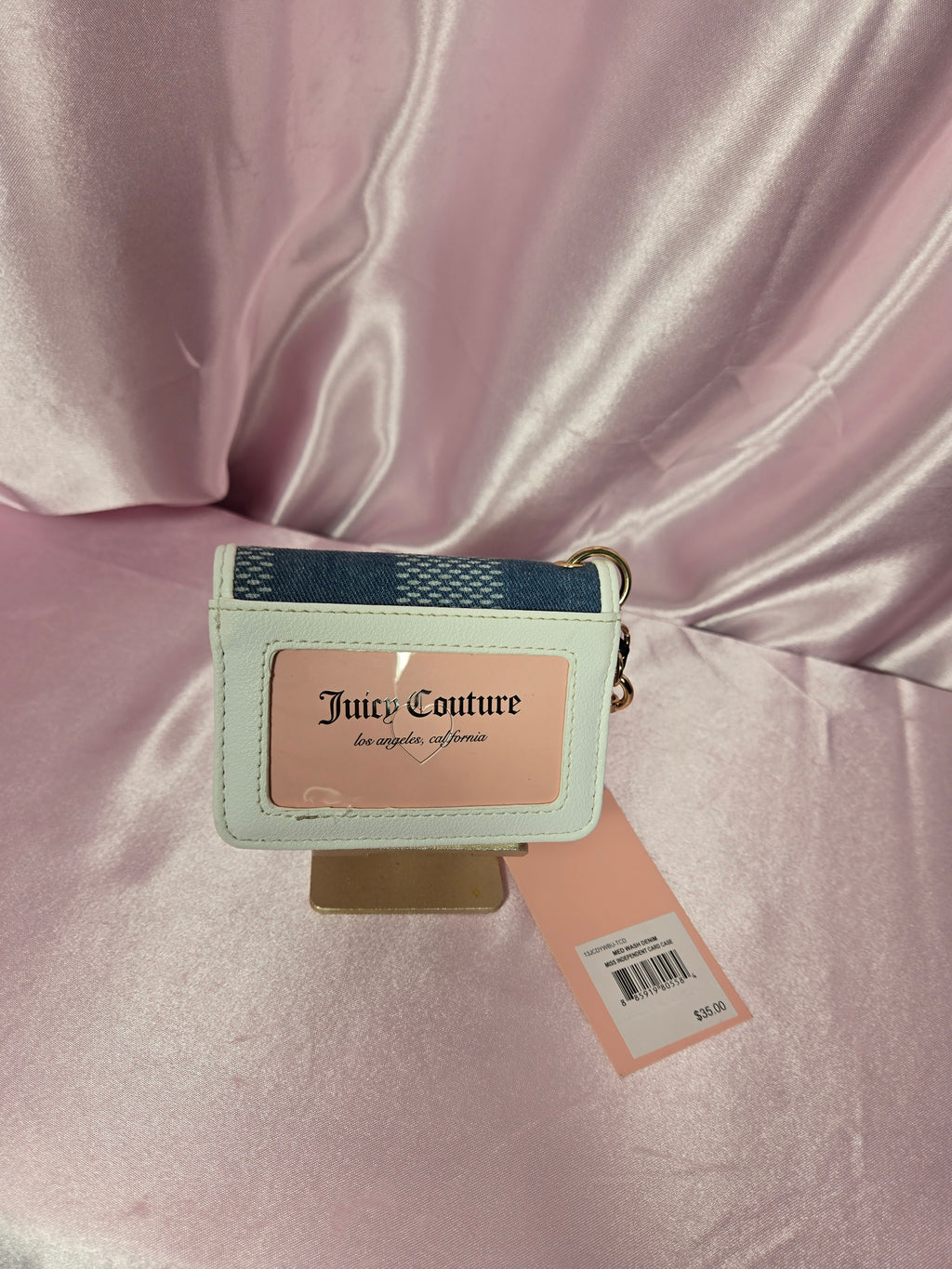 Juicy Couture Denim Card Case Wallet • Y2K Blue Check Print • Keychain ID Holder