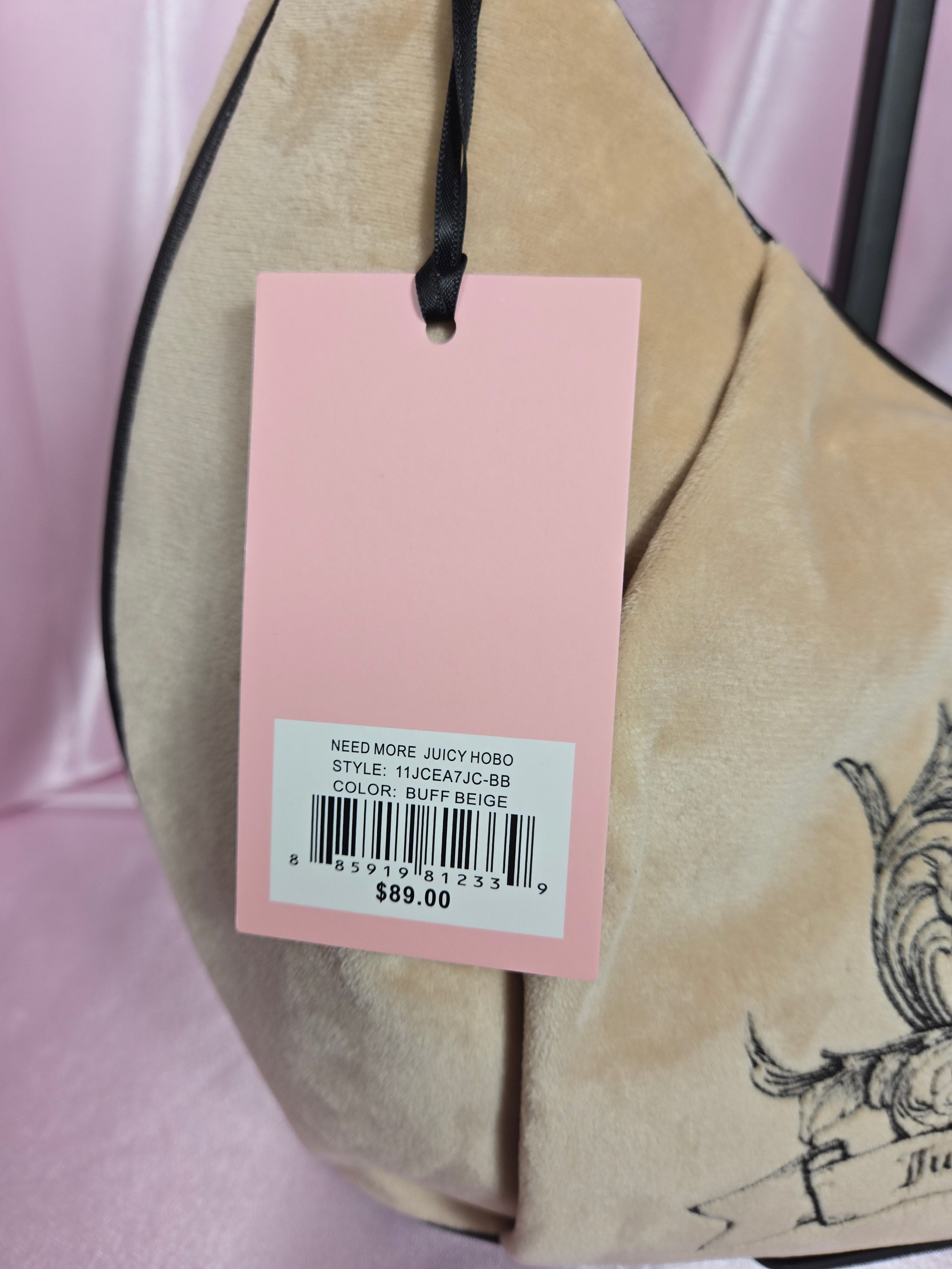 Juicy Couture Need More Juicy Hobo Bag Buff Beige Velour Shoulder Bag