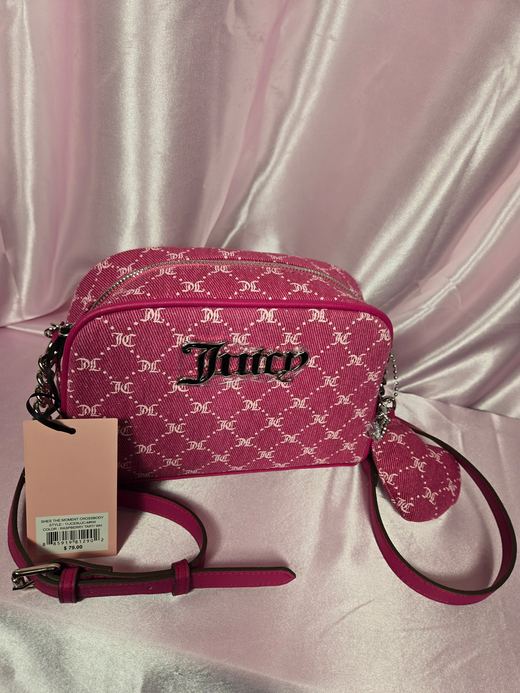 Juicy Couture Raspberry Tart Monogram Crossbody Bag w/ Heart Coin Purse Charm