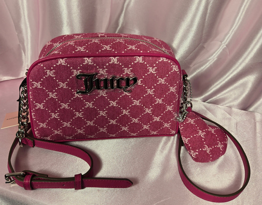 Juicy Couture Raspberry Tart Monogram Crossbody Bag w/ Heart Coin Purse Charm
