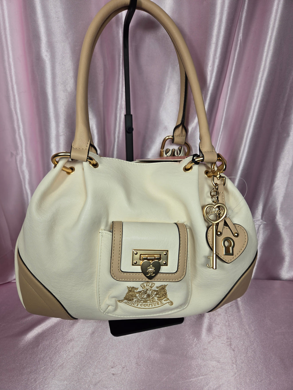 Juicy Couture Royal To Juicy Satchel Bag Soft White Cream Heart Lock Key Charm