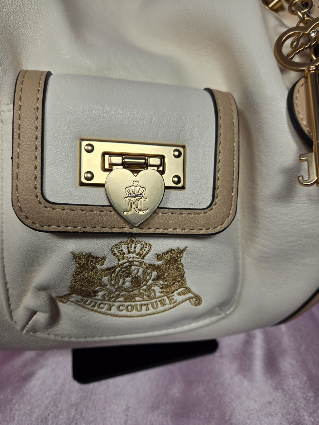 Juicy Couture Royal To Juicy Satchel Bag Soft White Cream Heart Lock Key Charm