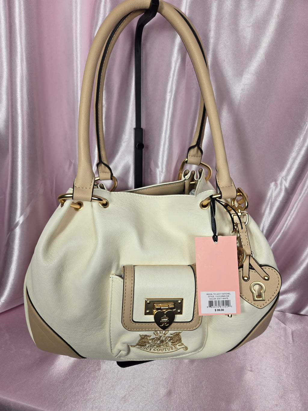 Juicy Couture Royal To Juicy Satchel Bag Soft White Cream Heart Lock Key Charm