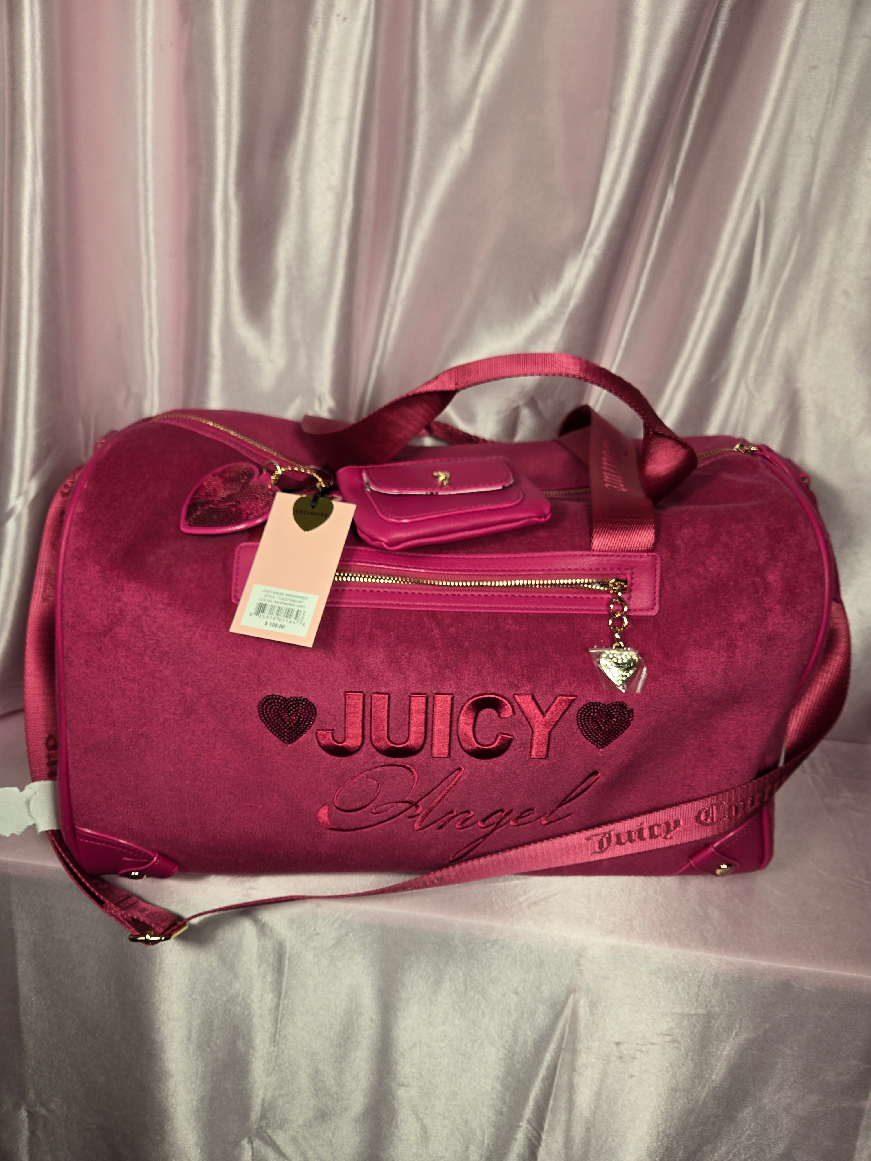 Juicy Couture Angel Weekender Bag NWT | Raspberry Tart Pink Velour Duffle w/ Matching Card Holder