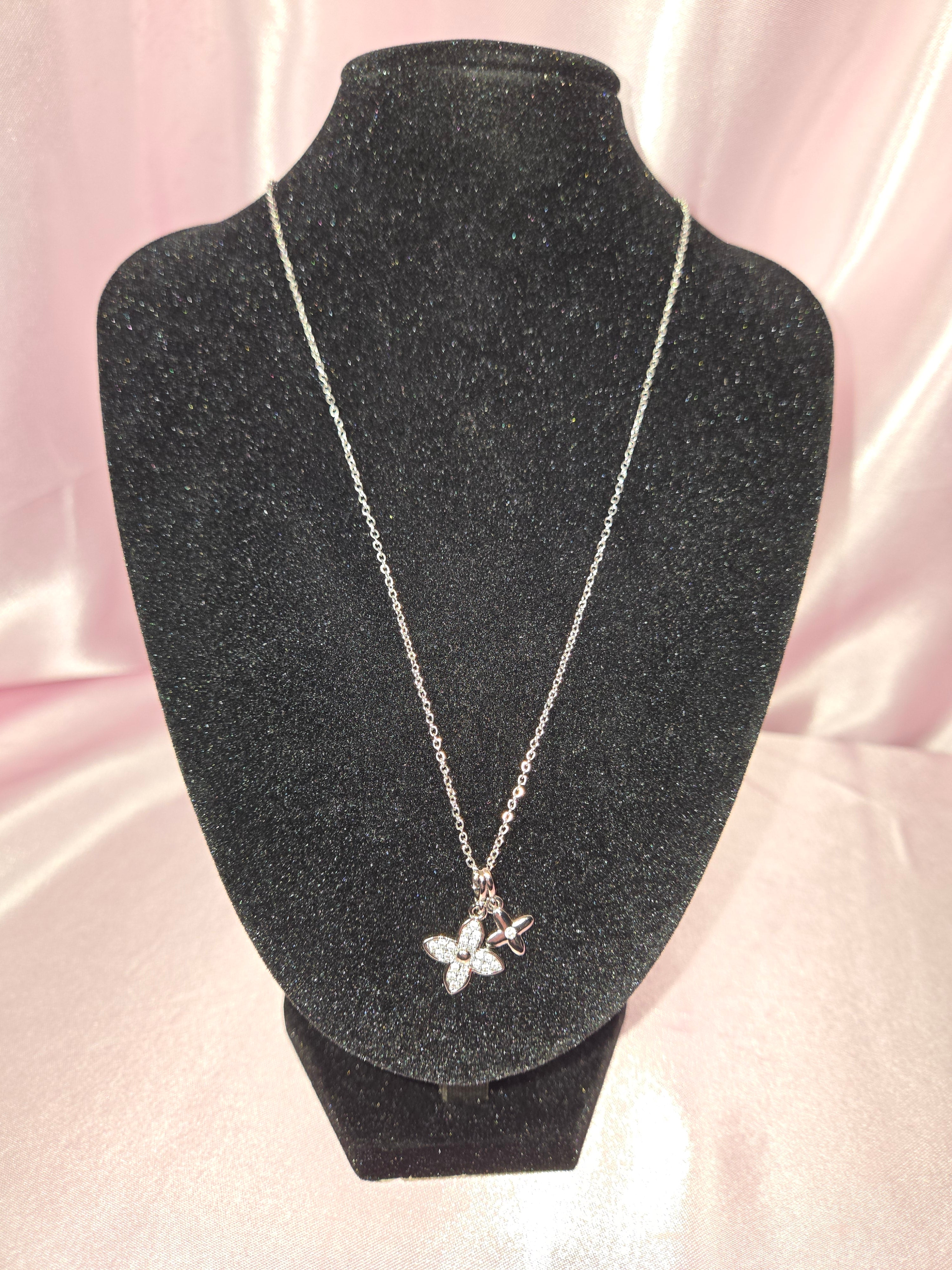 Silver Tone Floral Crystal Charm Necklace | Dainty Flower Pendant | Feminine Cottagecore Jewelry