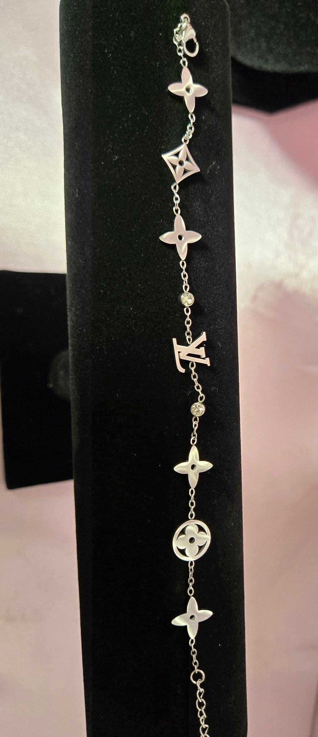 Silver Tone Monogram Inspired Charm Bracelet with Crystal Accents