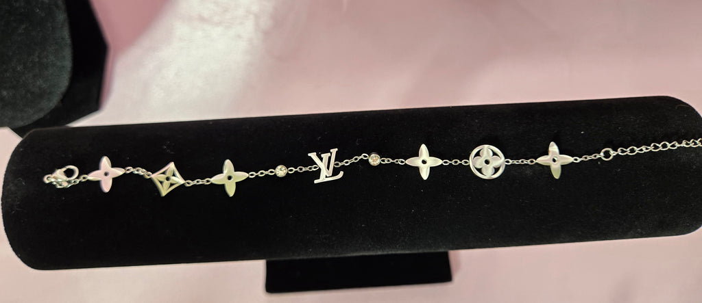 Silver Tone Monogram Inspired Charm Bracelet with Crystal Accents