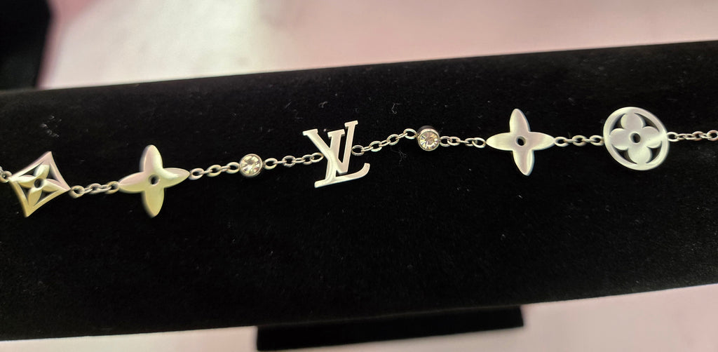 Silver Tone Monogram Inspired Charm Bracelet with Crystal Accents