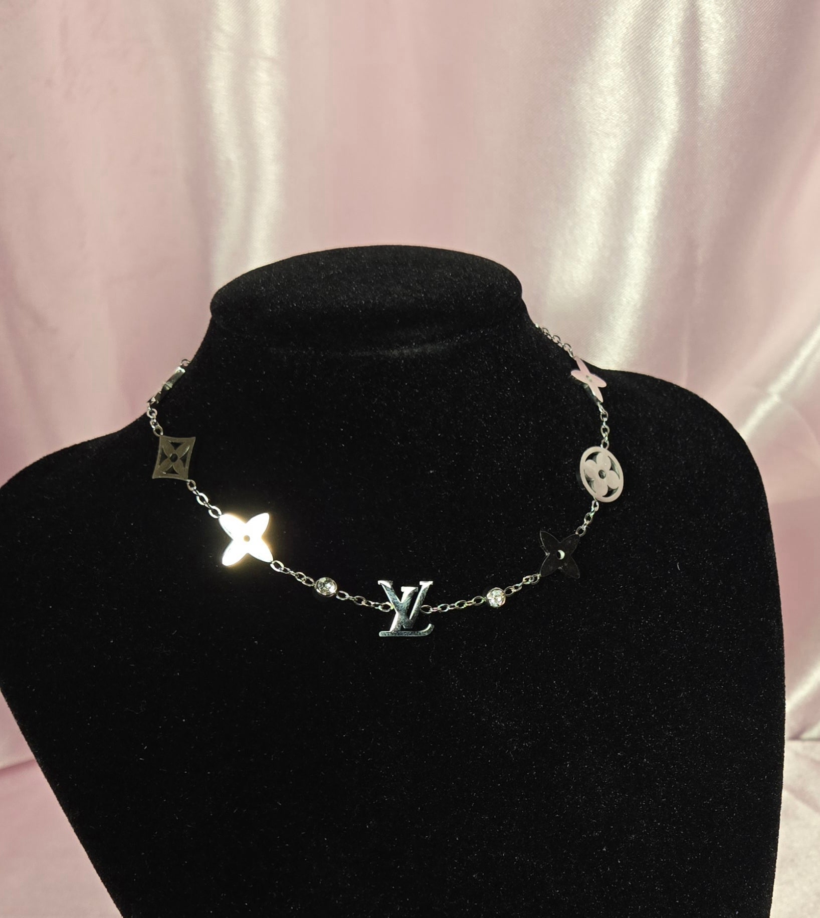 Silver Tone Monogram Inspired Charm Bracelet with Crystal Accents