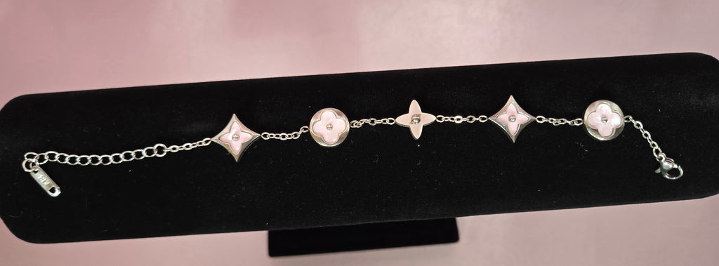 S925 Sterling Silver Lux LuLu Inspired Pink Floral Bracelet | Mother of Pearl Inspired Charm Bracelet