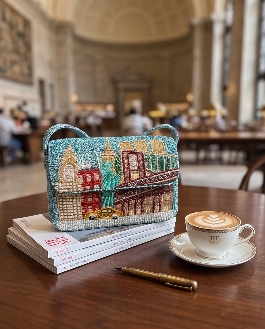 Beaded NYC Cityscape Shoulder Bag