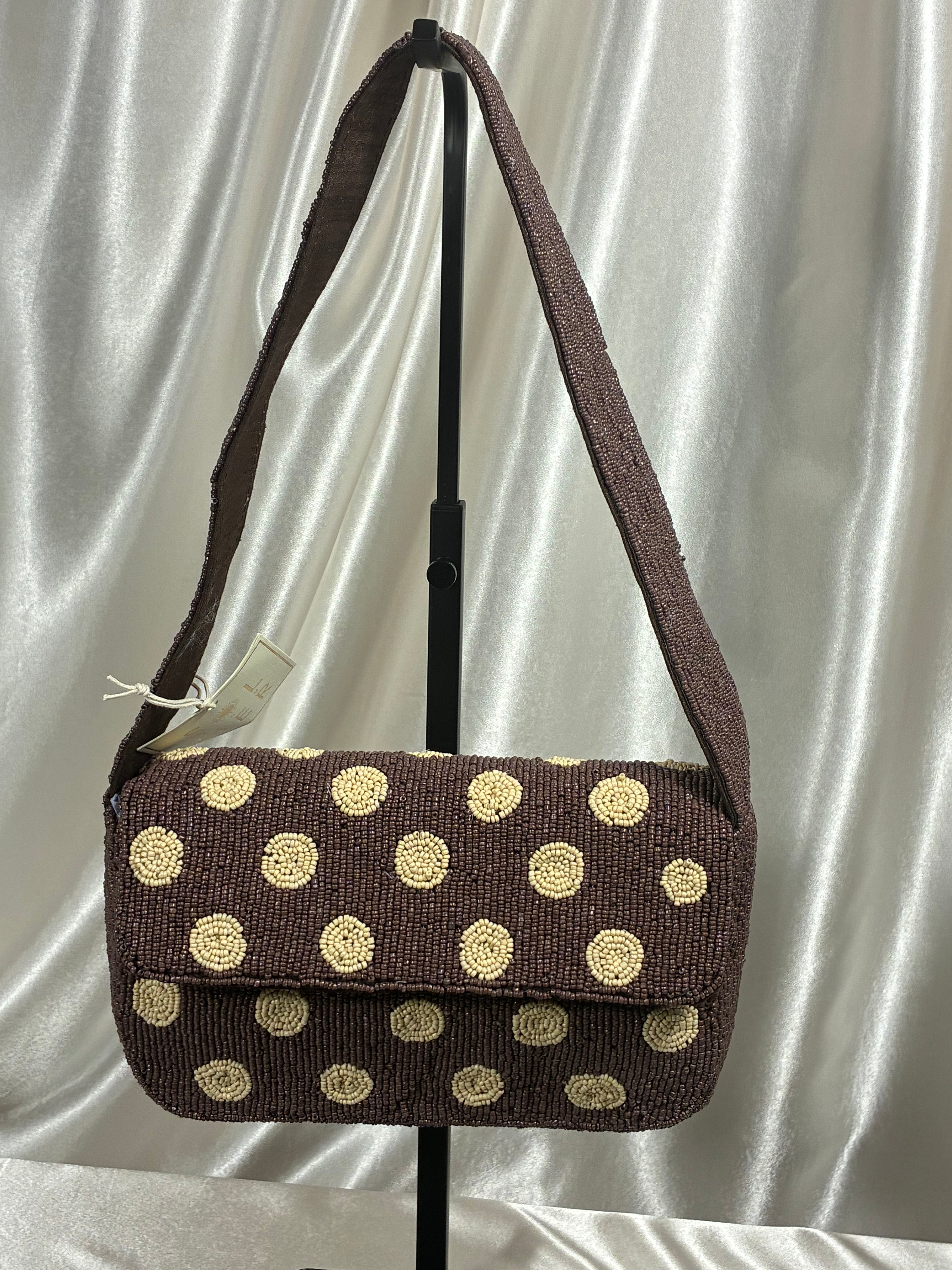 Handmade Beaded Polka Dot Shoulder Bag | Chocolate Brown &amp; Ivory Statement Purse | Classic Vintage-Inspired Handbag