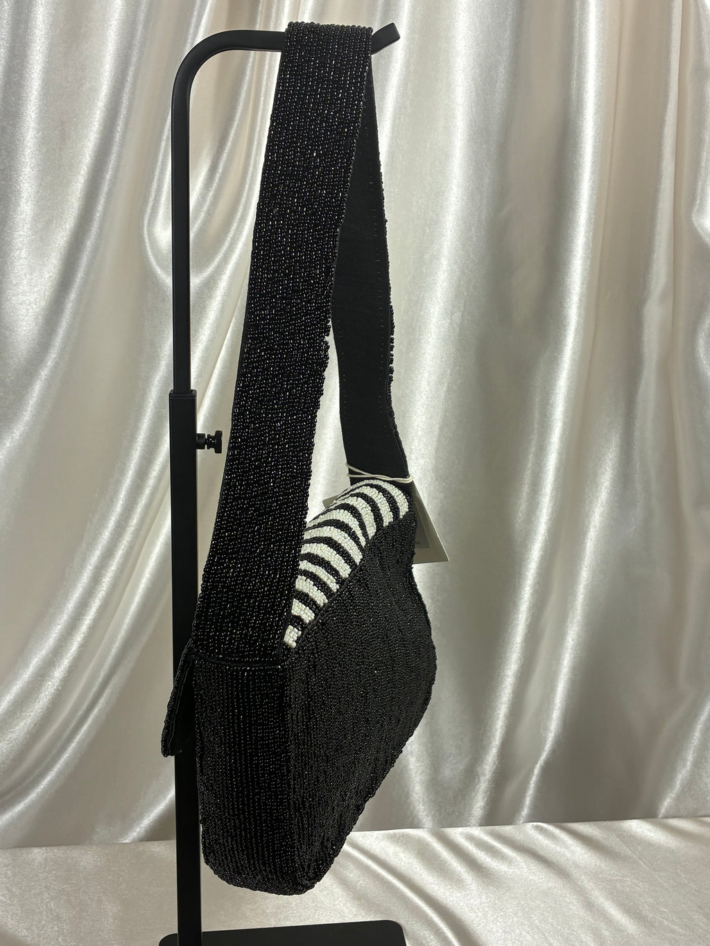 Handmade Beaded French Bulldog Shoulder Bag | Black &amp; Ivory Striped Dog Purse | Frenchie Statement Handbag