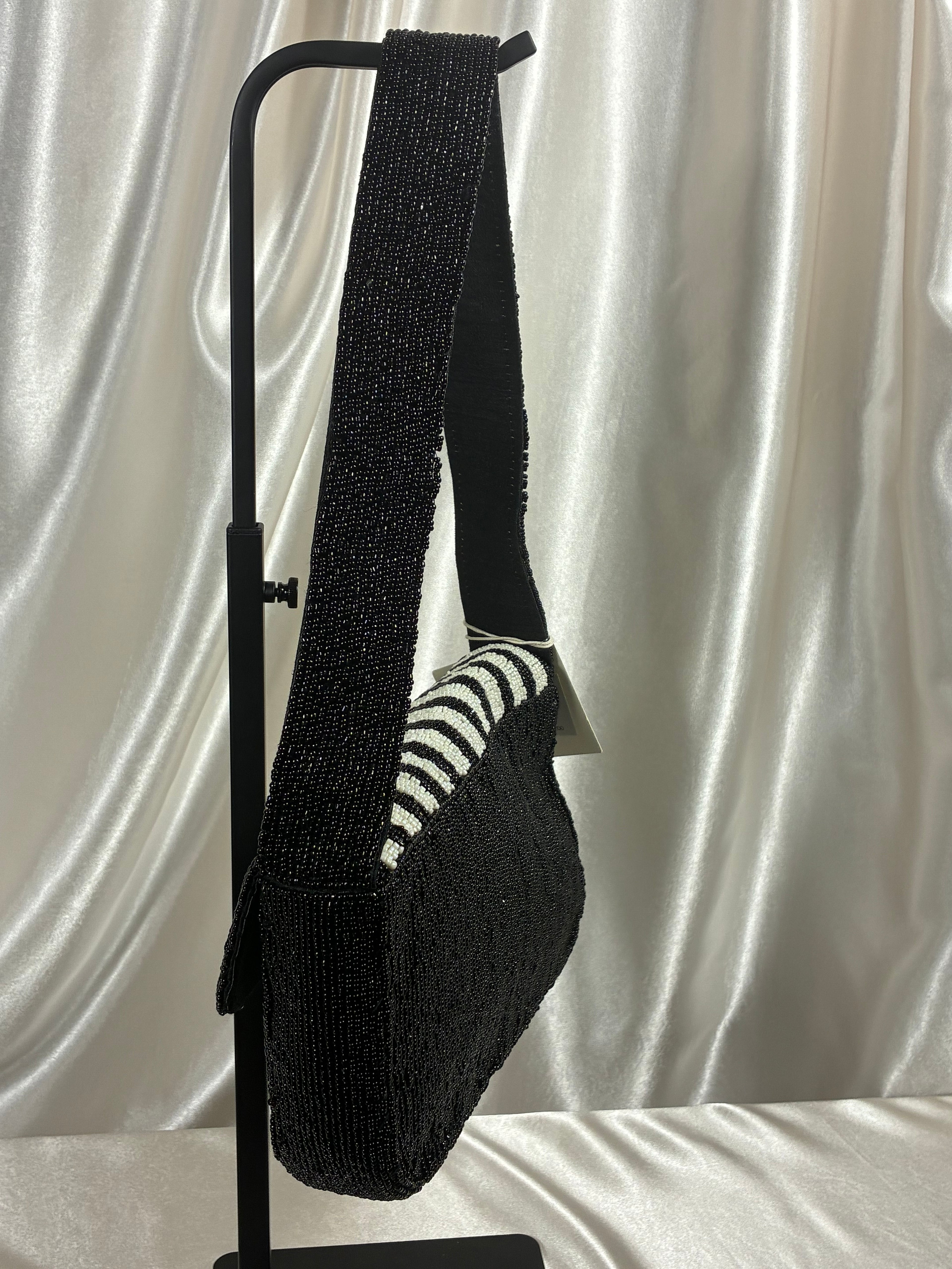 Handmade Beaded French Bulldog Shoulder Bag | Black &amp; Ivory Striped Dog Purse | Frenchie Statement Handbag