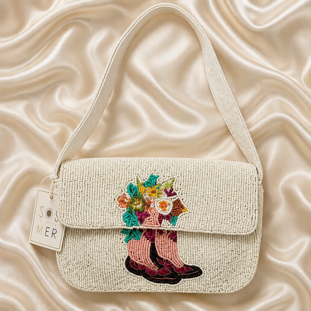 Handmade Beaded Floral Cowboy Boots Shoulder Bag | Western Chic Statement Purse | Cowgirl Handbag