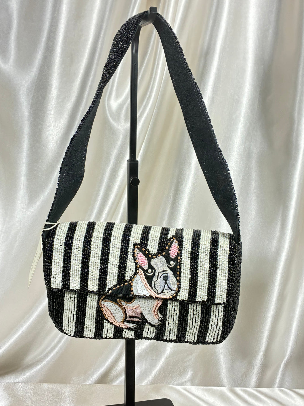Handmade Beaded French Bulldog Shoulder Bag | Black &amp; Ivory Striped Dog Purse | Frenchie Statement Handbag