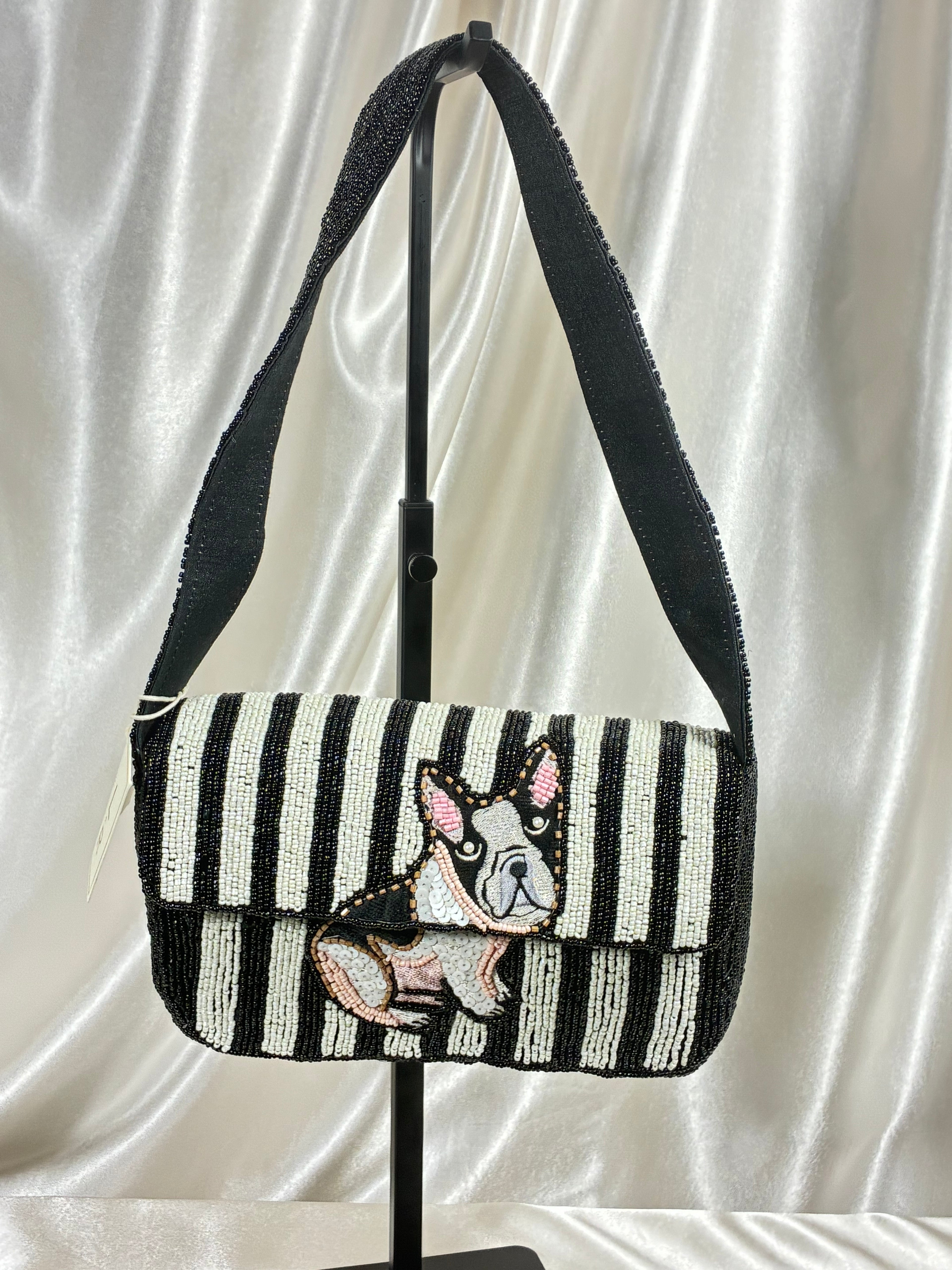 Handmade Beaded French Bulldog Shoulder Bag | Black &amp; Ivory Striped Dog Purse | Frenchie Statement Handbag