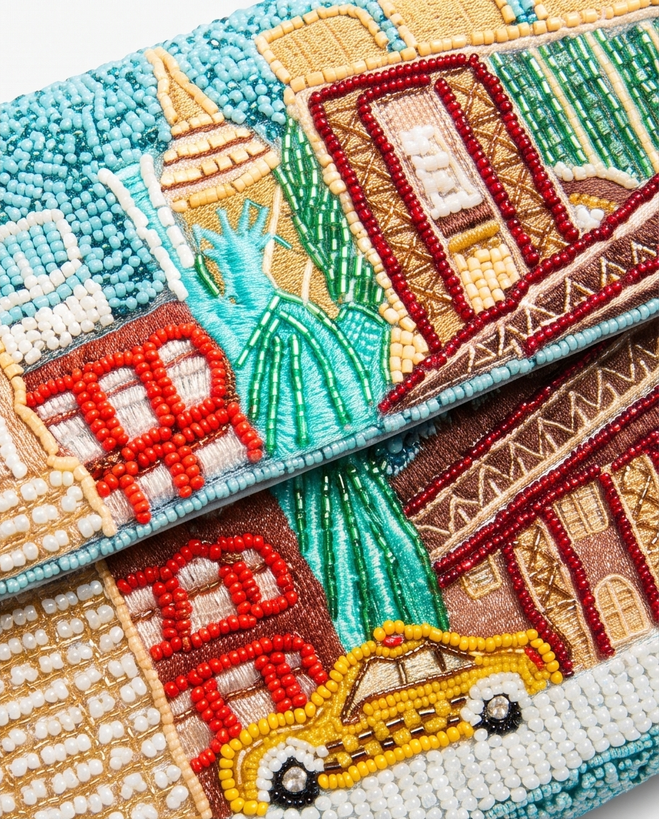 Beaded NYC Cityscape Shoulder Bag