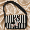 Handmade Beaded French Bulldog Shoulder Bag | Black &amp; Ivory Striped Dog Purse | Frenchie Statement Handbag