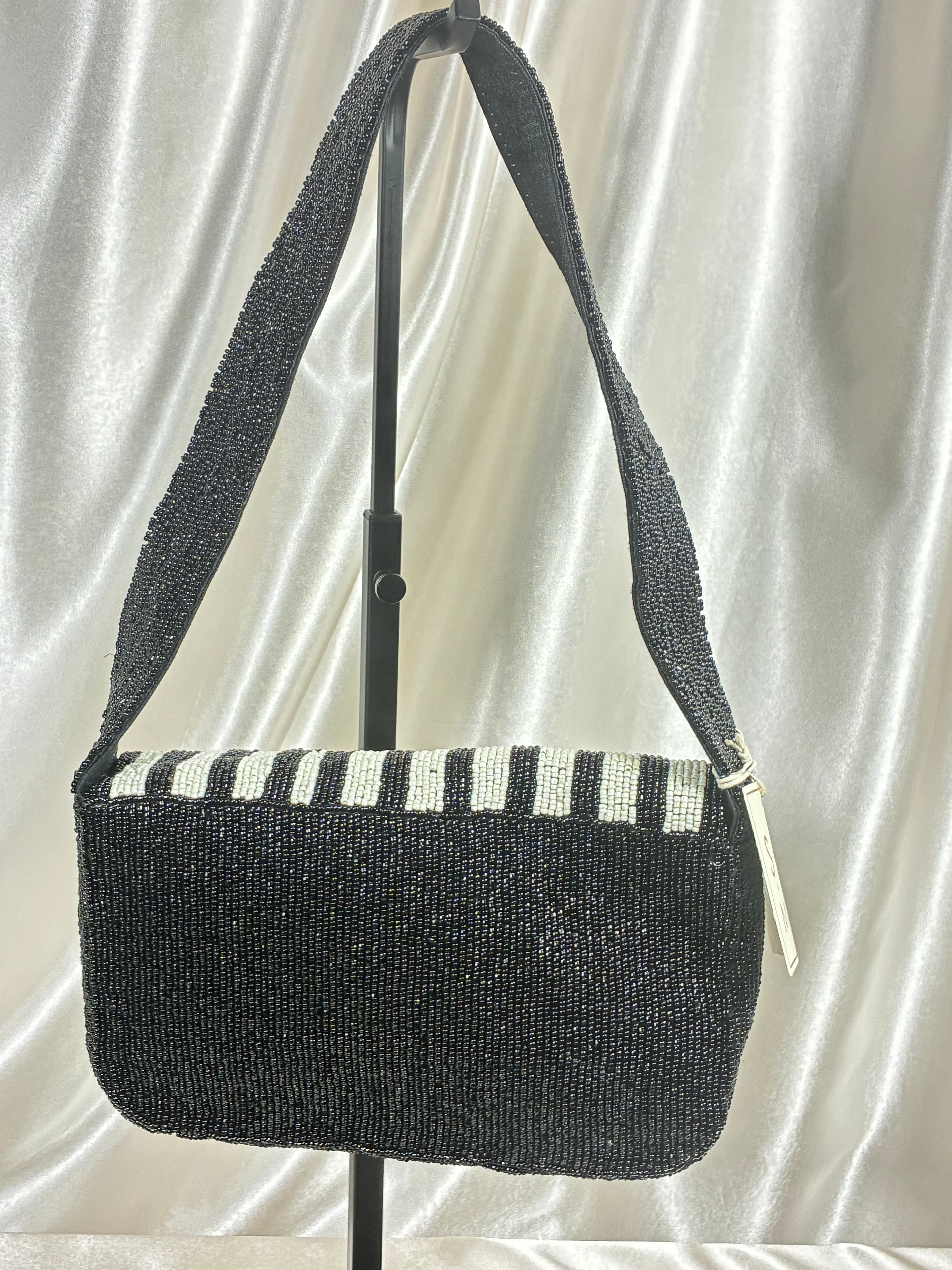 Handmade Beaded French Bulldog Shoulder Bag | Black &amp; Ivory Striped Dog Purse | Frenchie Statement Handbag