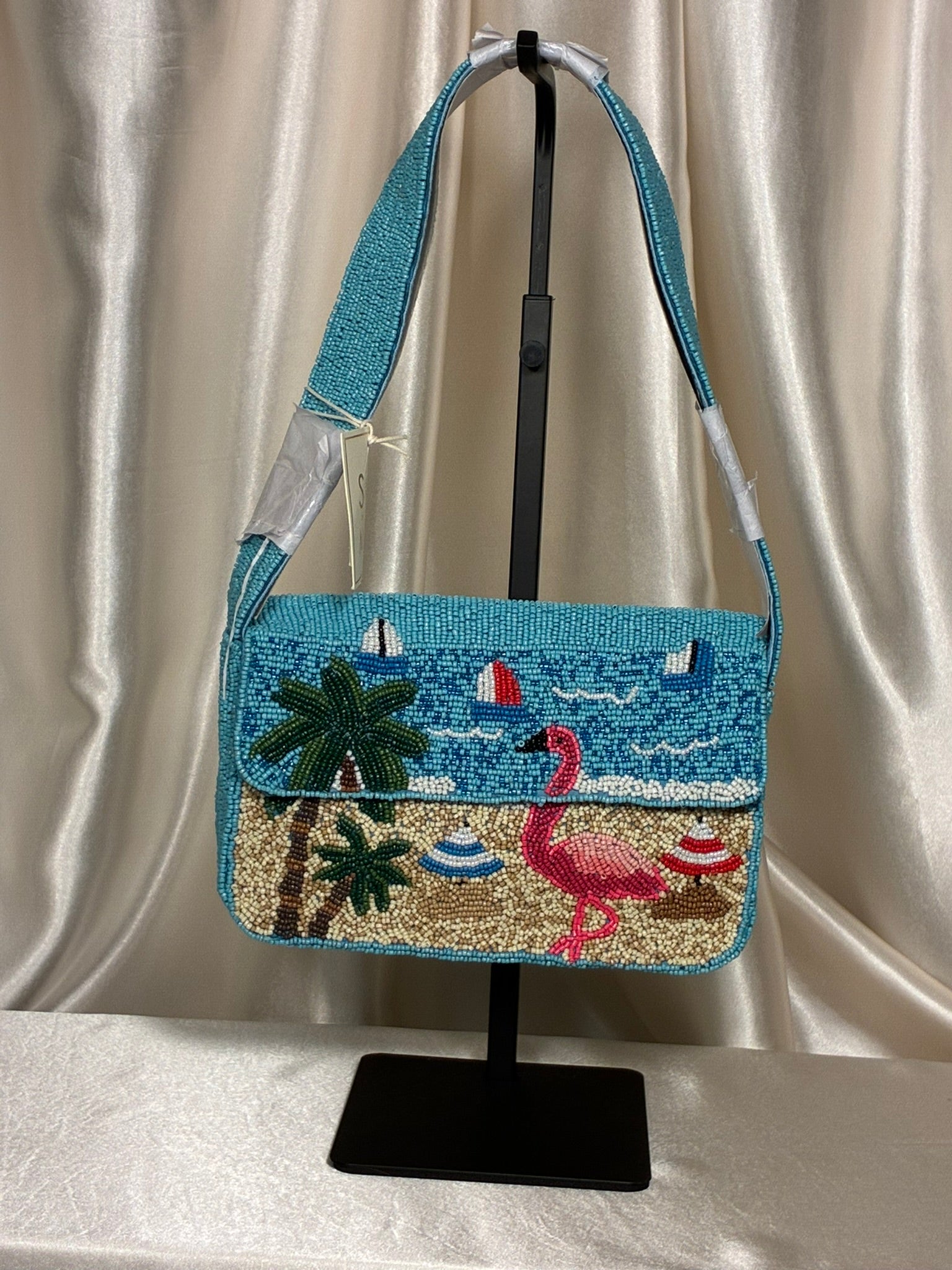 Sol and Mer Flamingo Beach Hand-Beaded Shoulder Bag