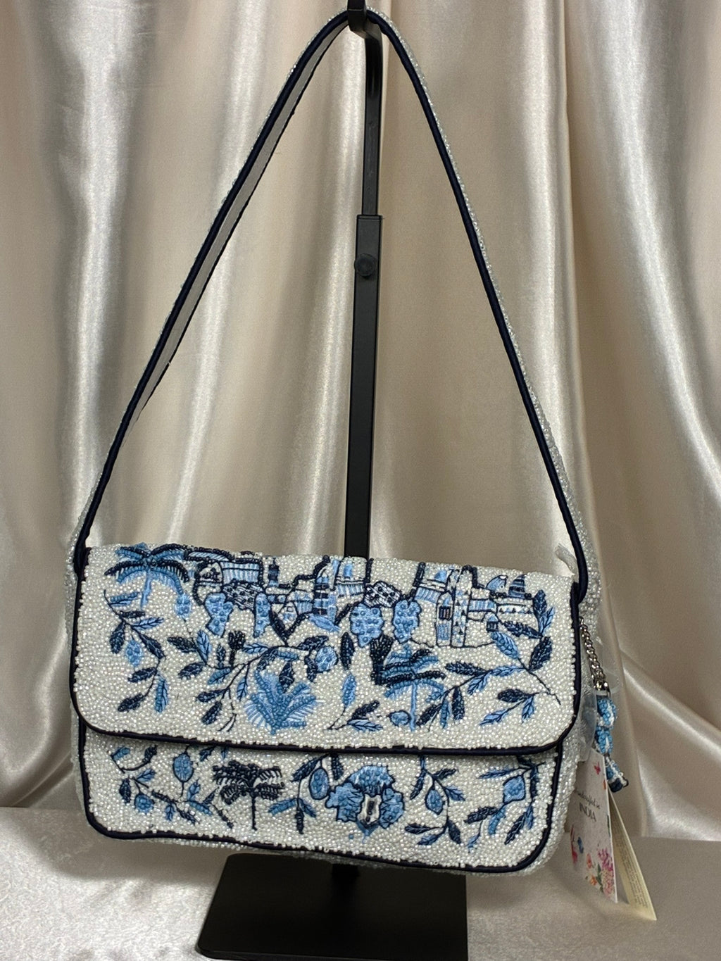 India Handmade Blue & White Hand-Beaded Shoulder Bag