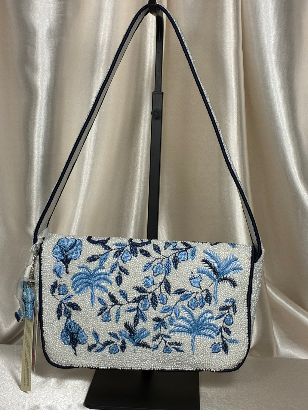 India Handmade Blue & White Hand-Beaded Shoulder Bag