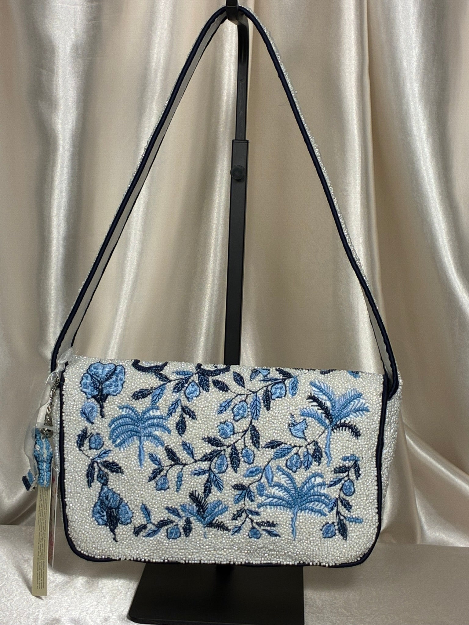 India Handmade Blue & White Hand-Beaded Shoulder Bag