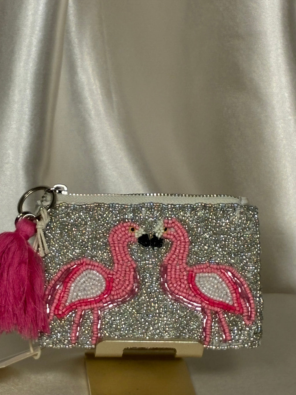 Pink Flamingo Beaded Zip Pouch