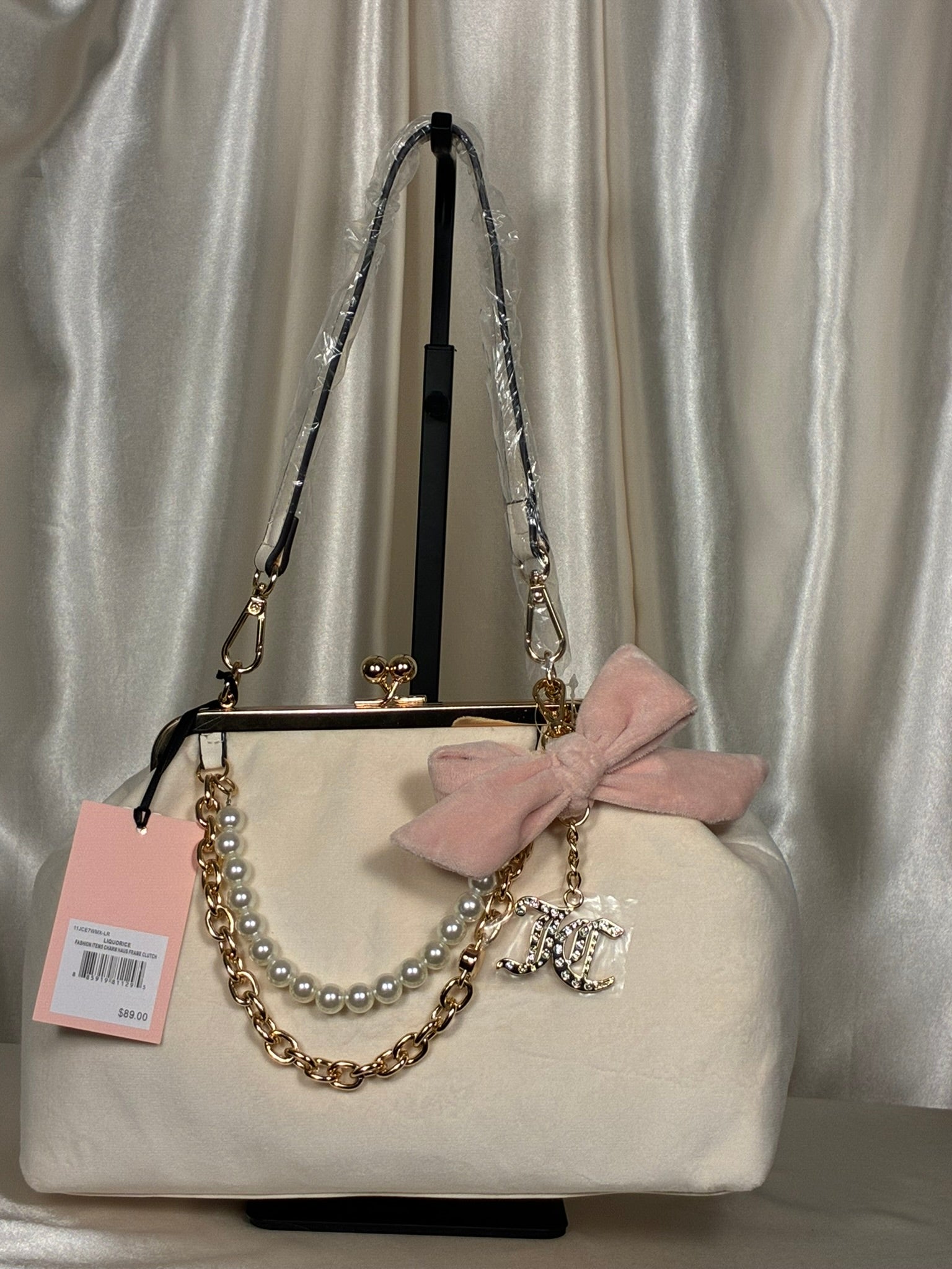 Juicy Couture Velvet Kiss-Lock Satchel – Ivory Pearl Edition