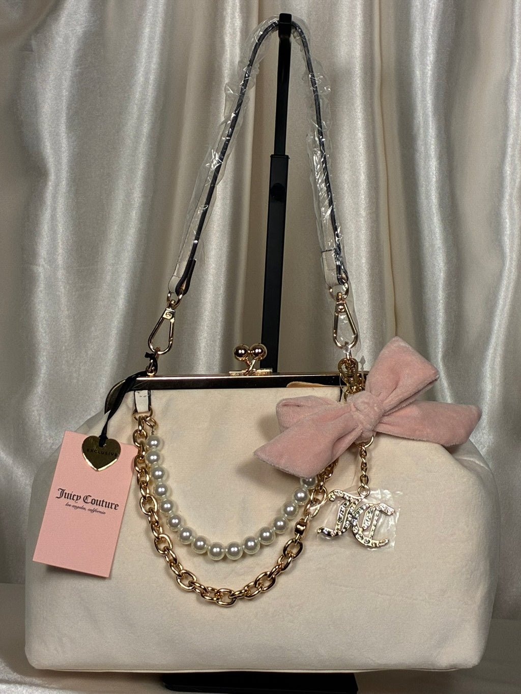 Juicy Couture Velvet Kiss-Lock Satchel – Ivory Pearl Edition