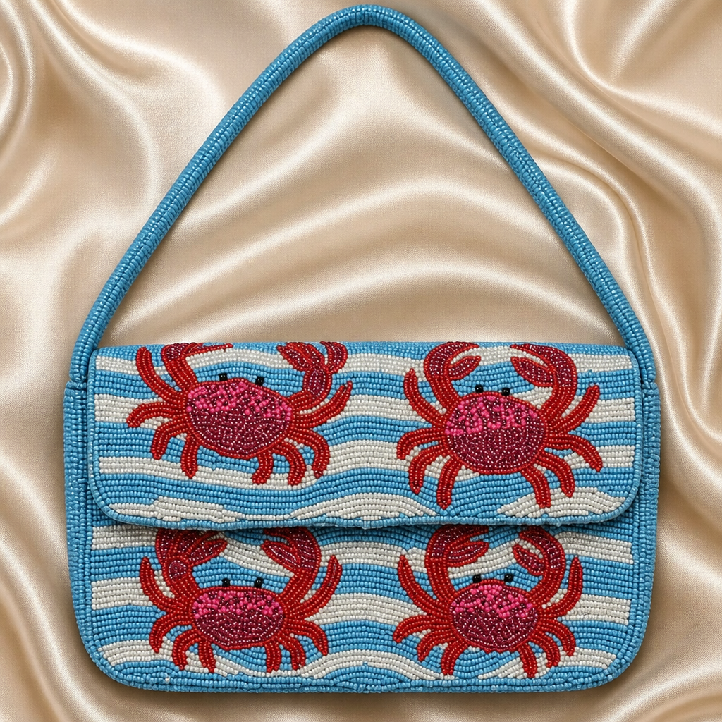 India Handmade Coastal Crab Beaded Shoulder Bag