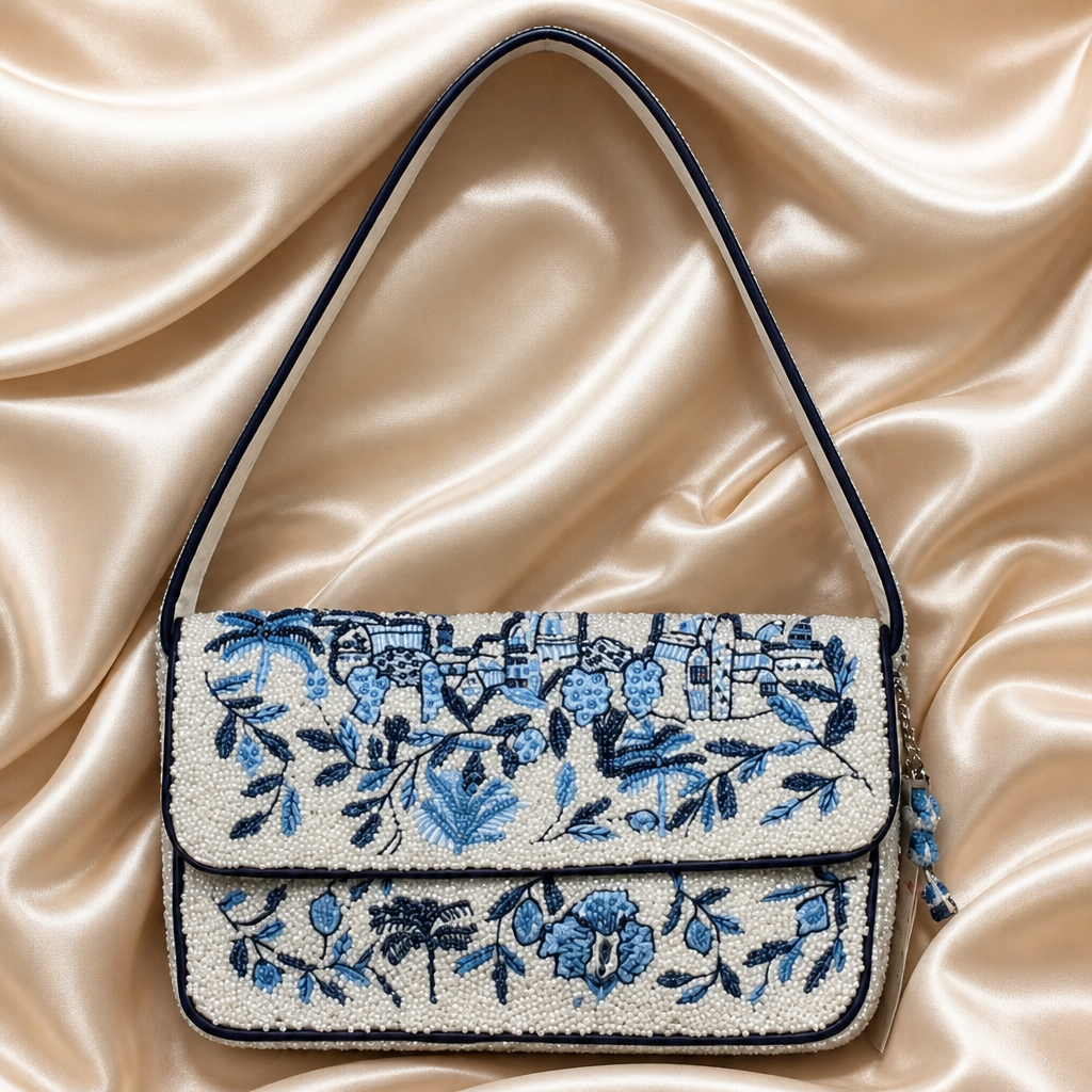 India Handmade Blue & White Hand-Beaded Shoulder Bag
