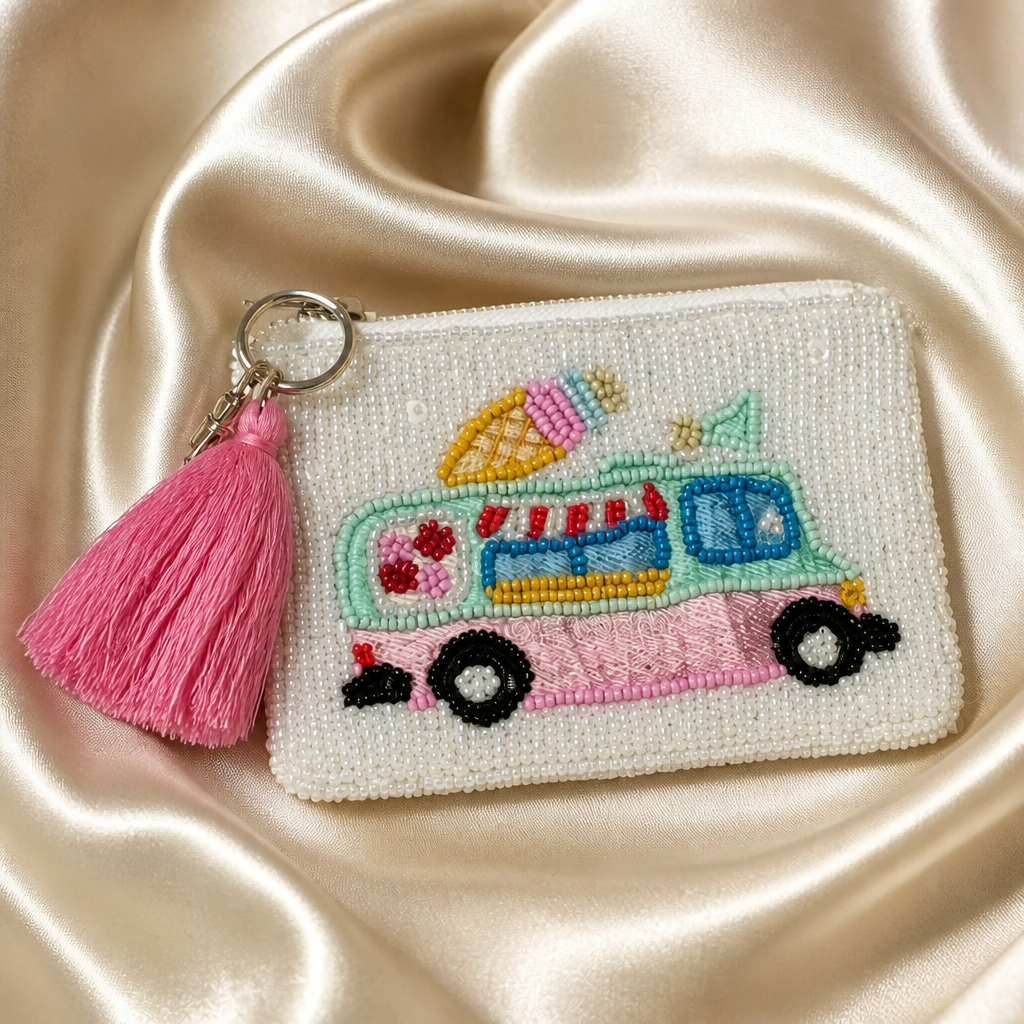 Ice Cream Truck Beaded Coin Pouch with Keychain