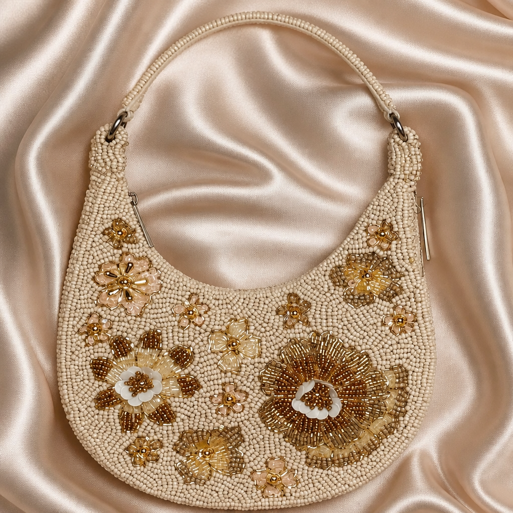 Champagne Bloom Beaded Shoulder Bag
