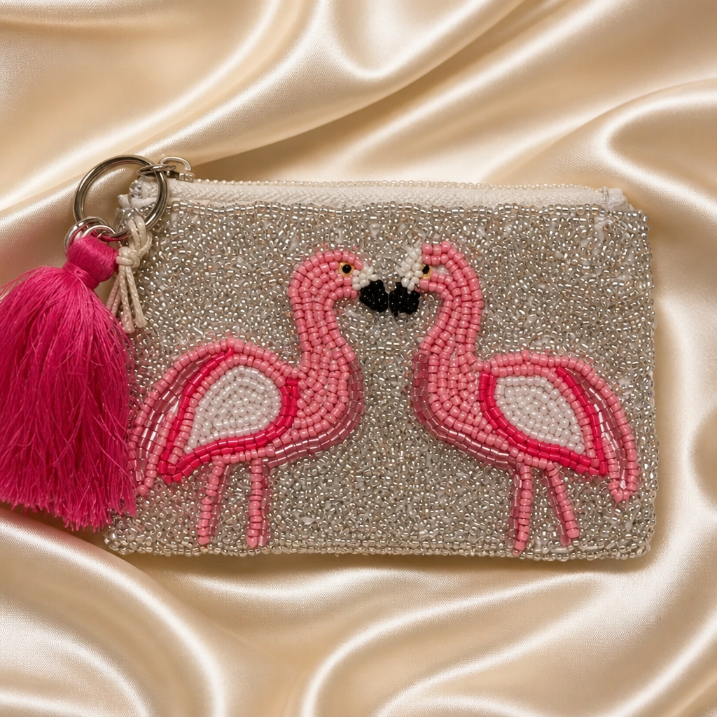 Pink Flamingo Beaded Zip Pouch