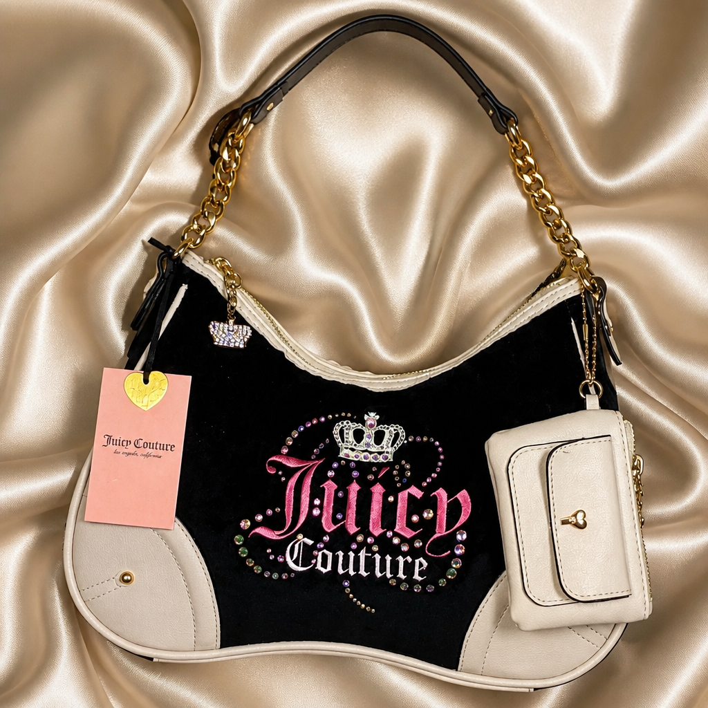 Juicy Couture Juicy Dreamy Shoulder Bag with Matching Pouch– Black/Cream