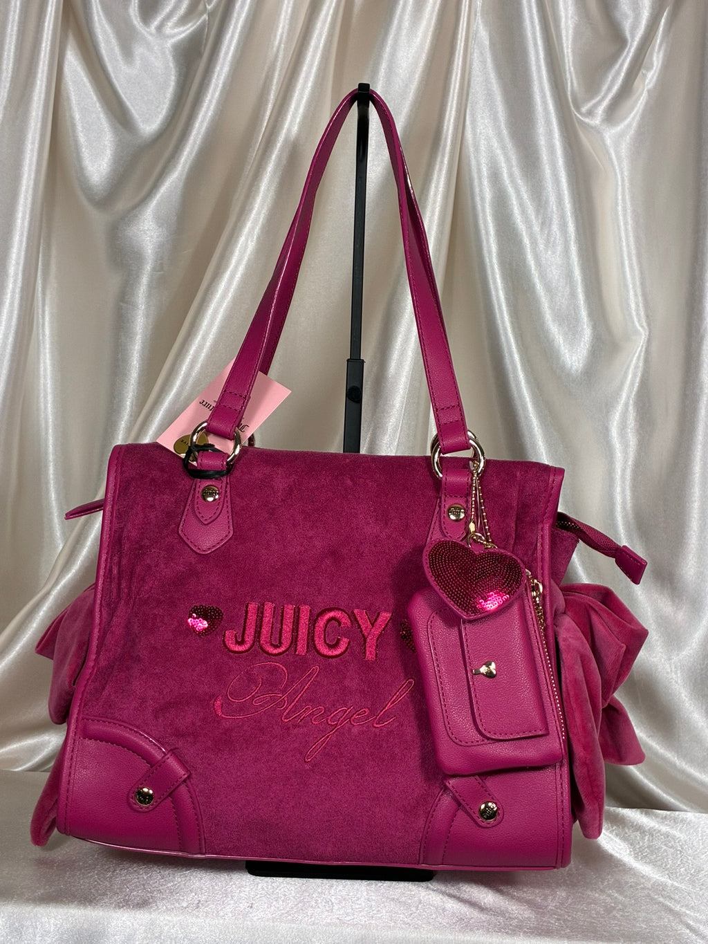 Juicy Couture "Juicy Angel" Tote – Hot Pink Velvet Shoulder Bag with Charm & Card Case