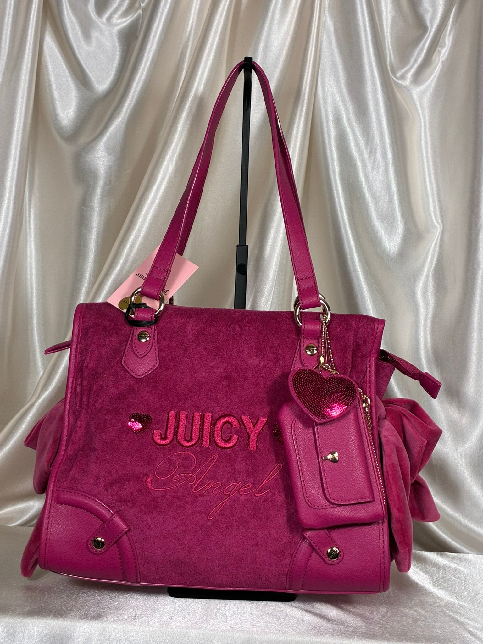 Juicy Couture "Juicy Angel" Tote – Hot Pink Velvet Shoulder Bag with Charm & Card Case