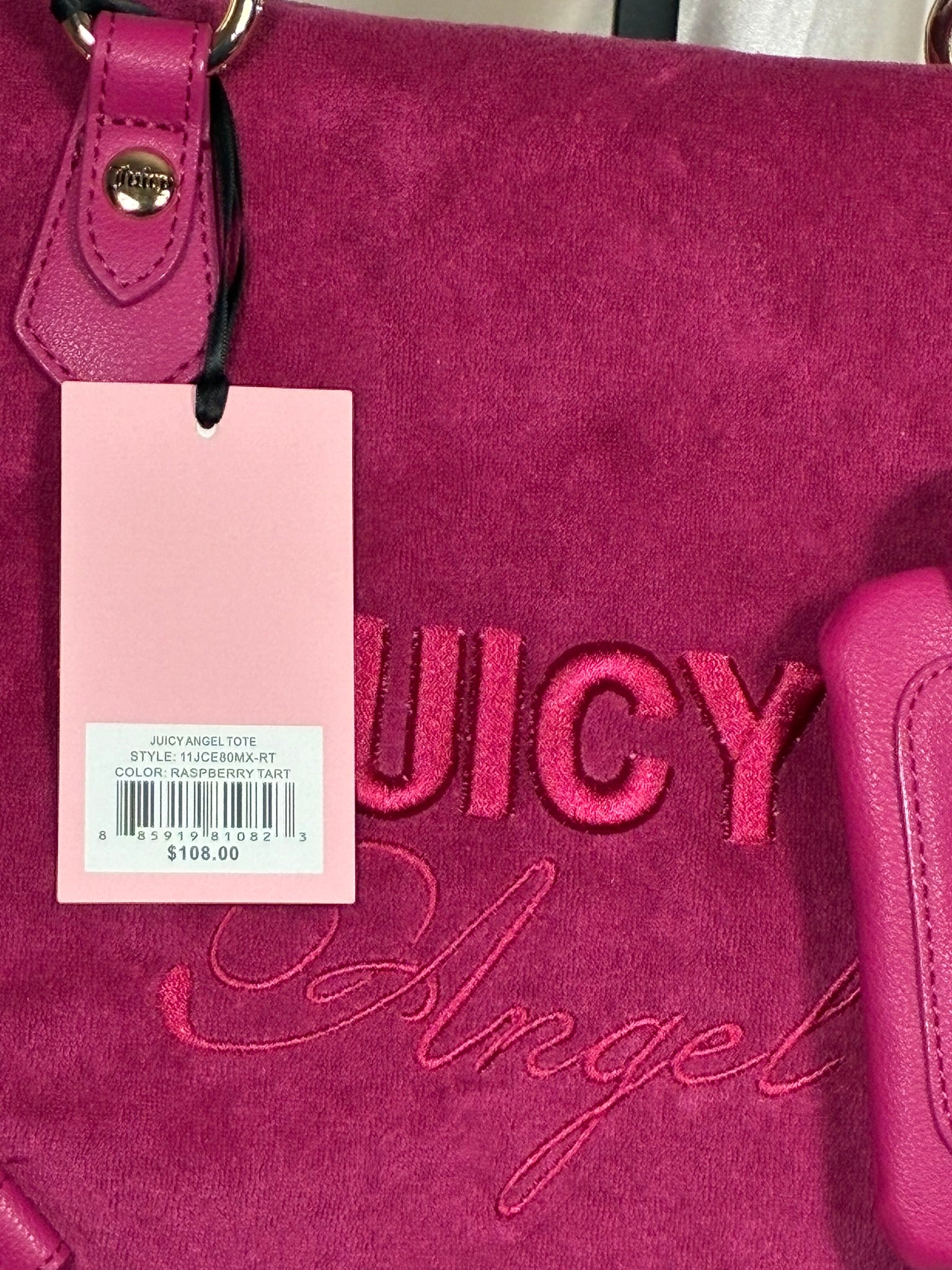 Juicy Couture "Juicy Angel" Tote – Hot Pink Velvet Shoulder Bag with Charm & Card Case