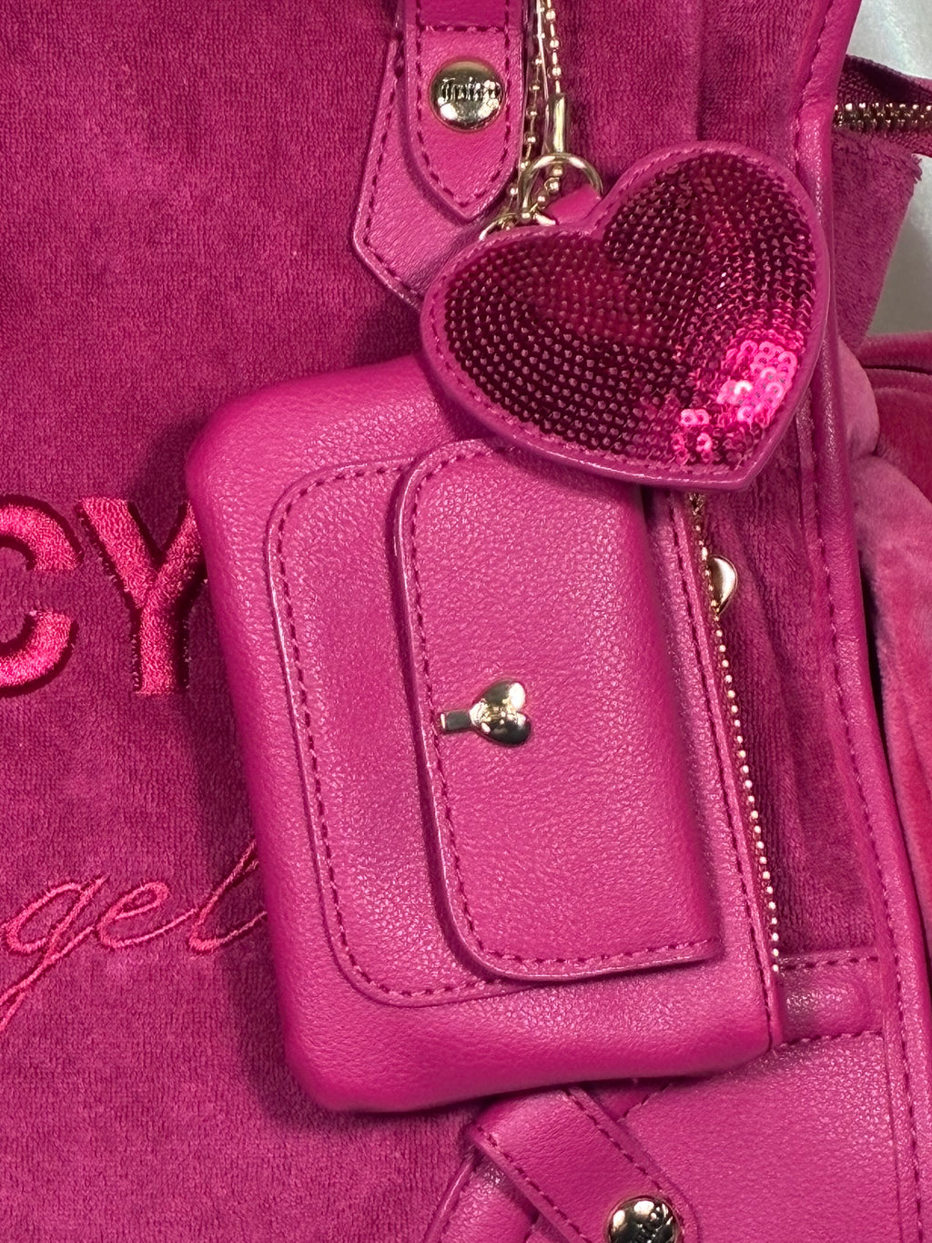 Juicy Couture "Juicy Angel" Tote – Hot Pink Velvet Shoulder Bag with Charm & Card Case