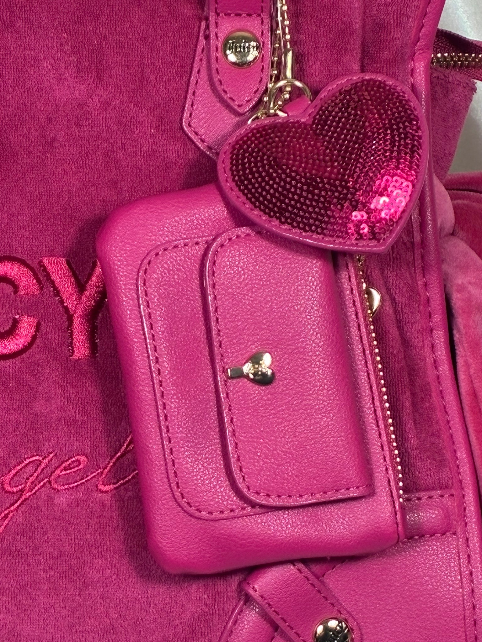 Juicy Couture "Juicy Angel" Tote – Hot Pink Velvet Shoulder Bag with Charm & Card Case