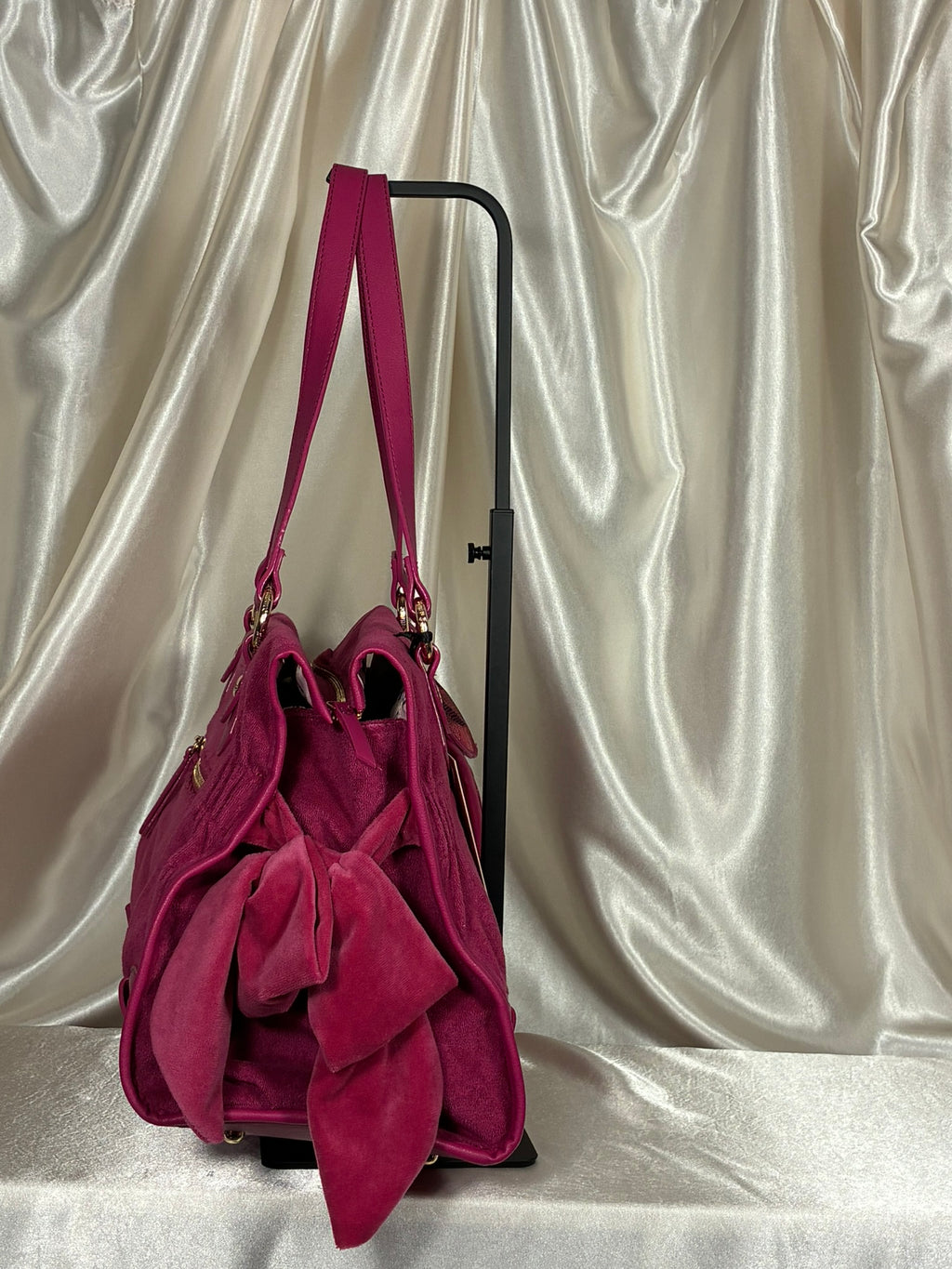 Juicy Couture "Juicy Angel" Tote – Hot Pink Velvet Shoulder Bag with Charm & Card Case