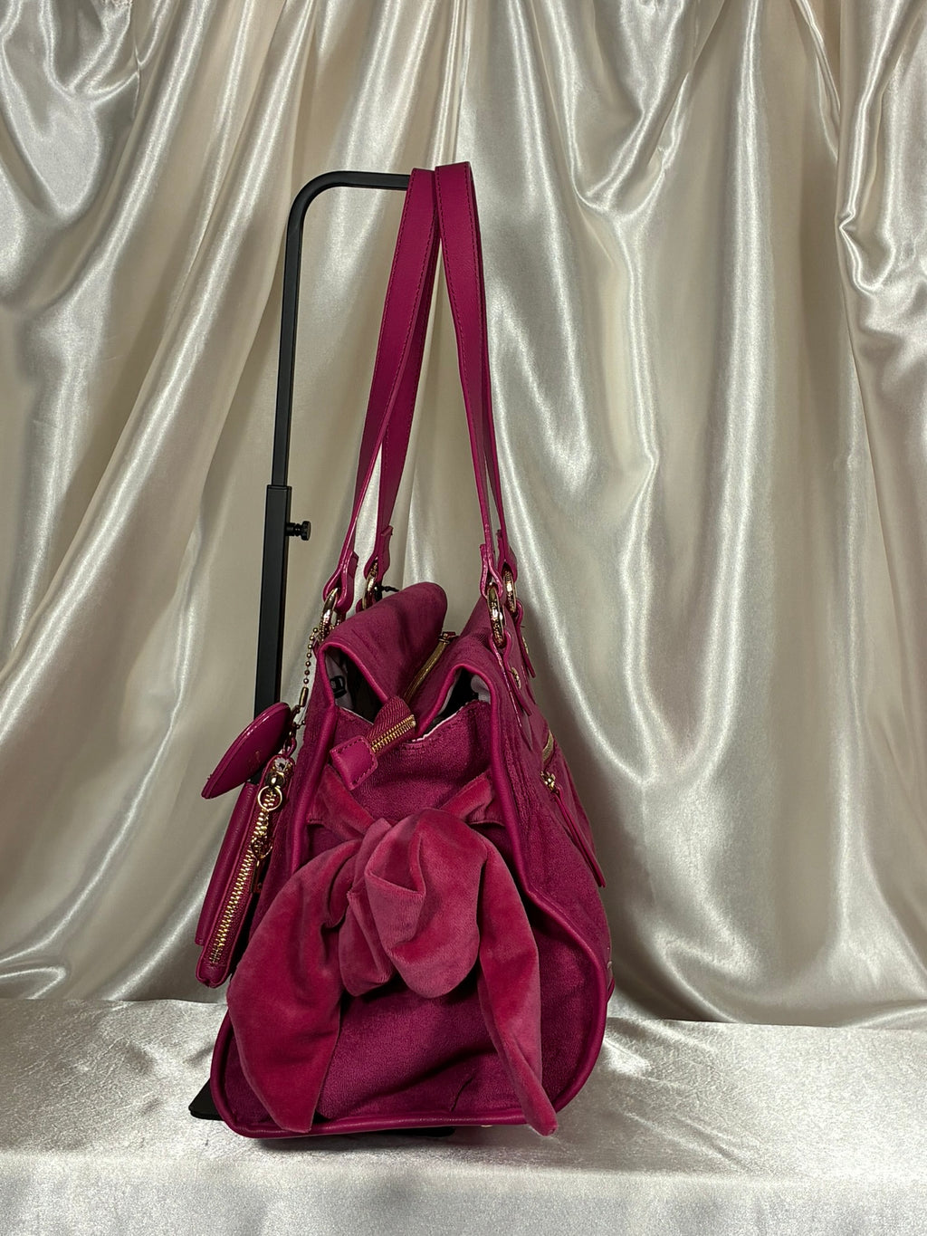 Juicy Couture "Juicy Angel" Tote – Hot Pink Velvet Shoulder Bag with Charm & Card Case