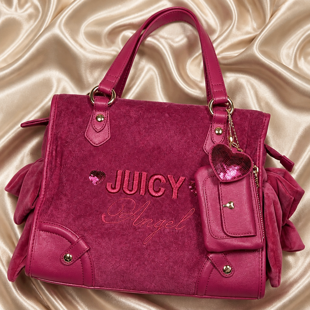 Juicy Couture "Juicy Angel" Tote – Hot Pink Velvet Shoulder Bag with Charm & Card Case