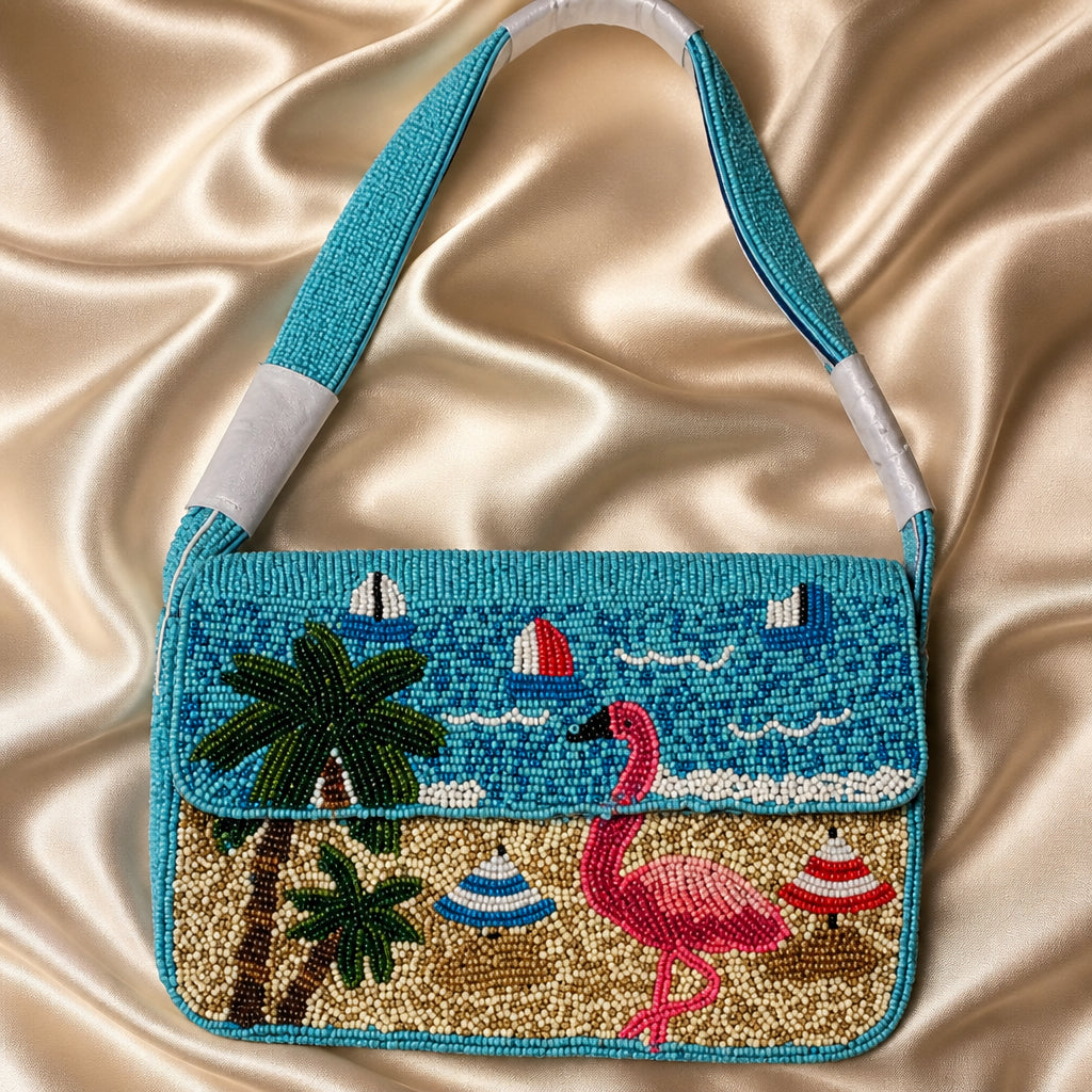 Sol and Mer Flamingo Beach Hand-Beaded Shoulder Bag