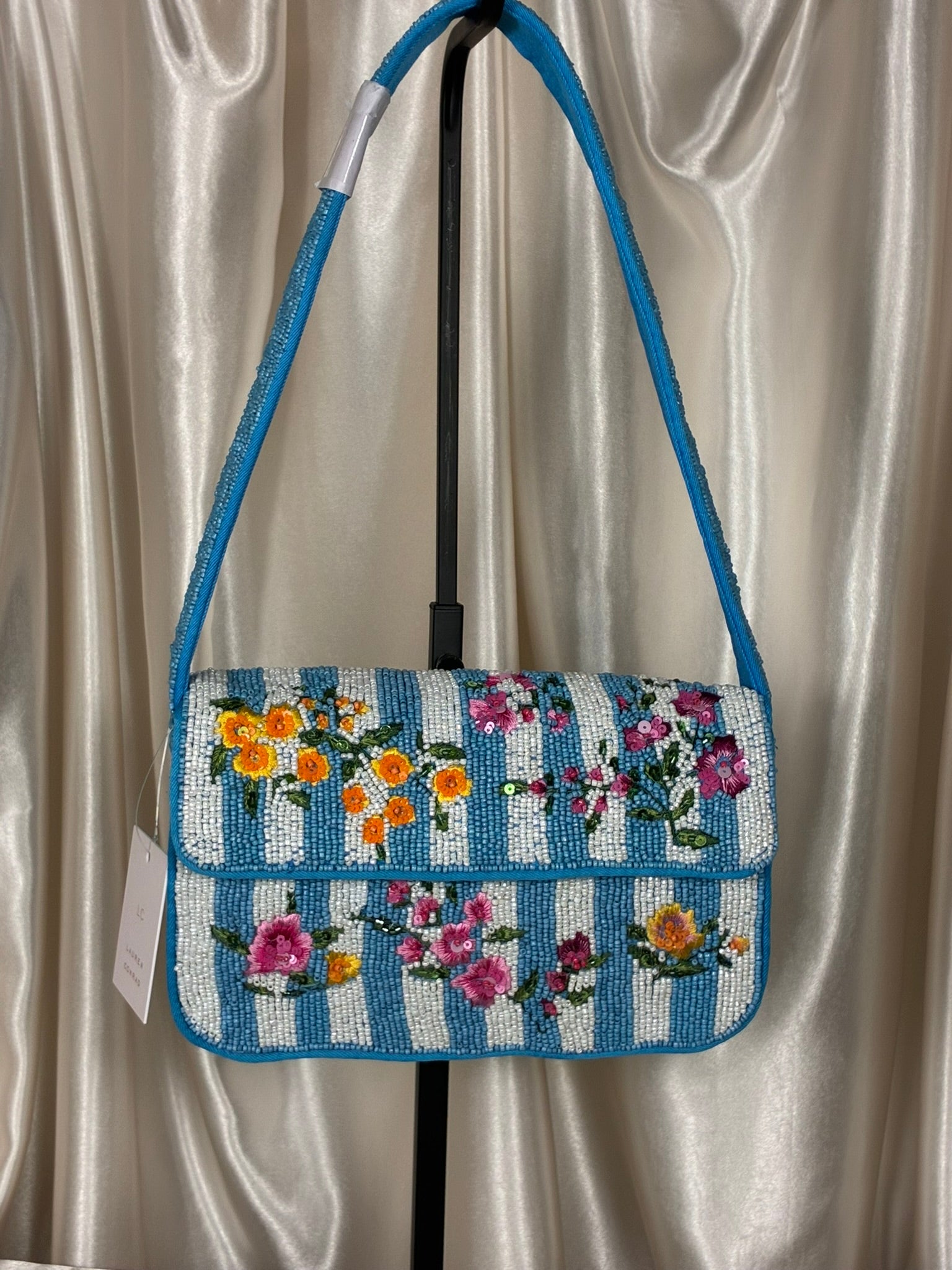 Lauren Conrad Blue Stripe Floral Beaded Shoulder Bag