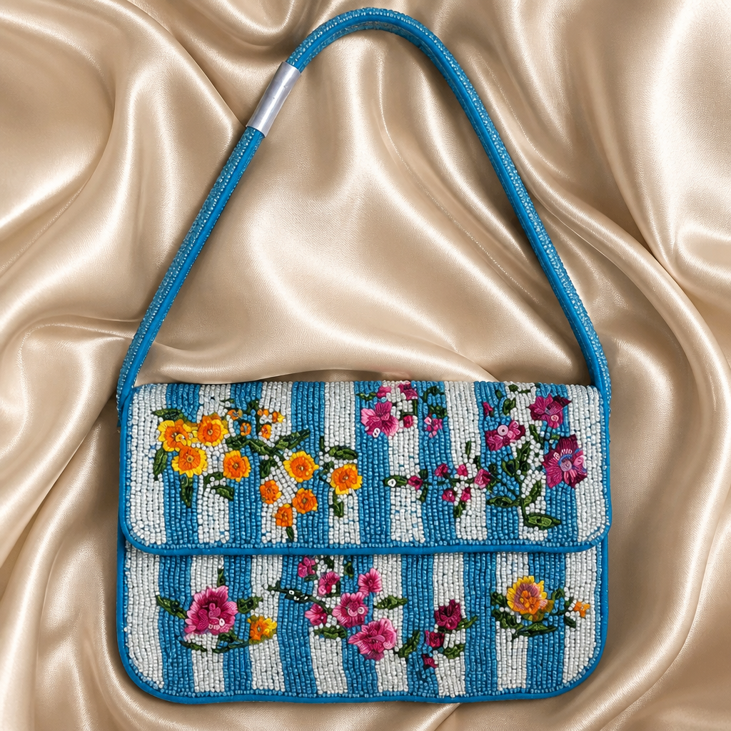 Lauren Conrad Blue Stripe Floral Beaded Shoulder Bag